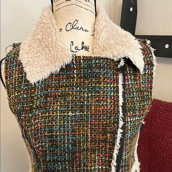 Desigual Faux Sherpa Leather Tweed Moto Bohemian Zip Up Mixed Media Vest - Picture 2 of 11